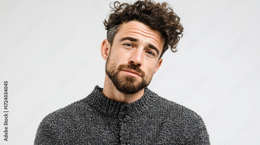 Obraz premium isolated shot of young handsome male with beard mustache and trendy hairdo wears casual grey sweater has serious expression as listens to interlocutor poses in studio against white background no logo