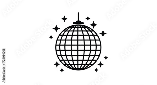 A decorative disco ball illustration with sparkling stars a black silhouette