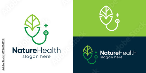 Creative simple nature health logo template. Stethoscope with tree leaf for Medical clinic logo design vector illustration.