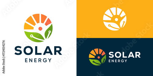 Creative modern solar energy logo template. Solar sun with leaf and circuit symbol technology logo design vector illustration.