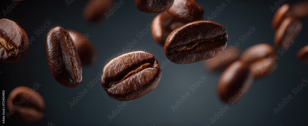 Fototapeta premium The coffee beans captured midair with glossy roasted texture and dramatic studio lighting