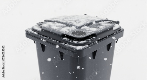 Snow-covered trash bin in winter urban environment  