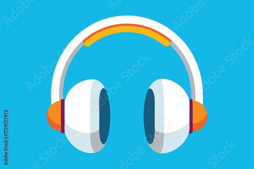 Simple white wireless headphones showcase an orange accent upon a light blue background