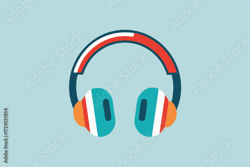 Colorful headphones display bold design, including red, white, blue, and orange hues