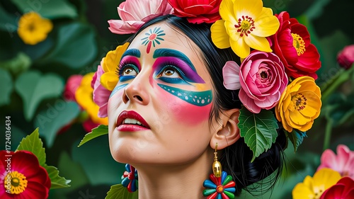 Radiant Floral Portrait: A mesmerizing woman adorned with vibrant floral crowns and intricately designed face paint, symbolizing the exuberance of cultural expression and captivating beauty.