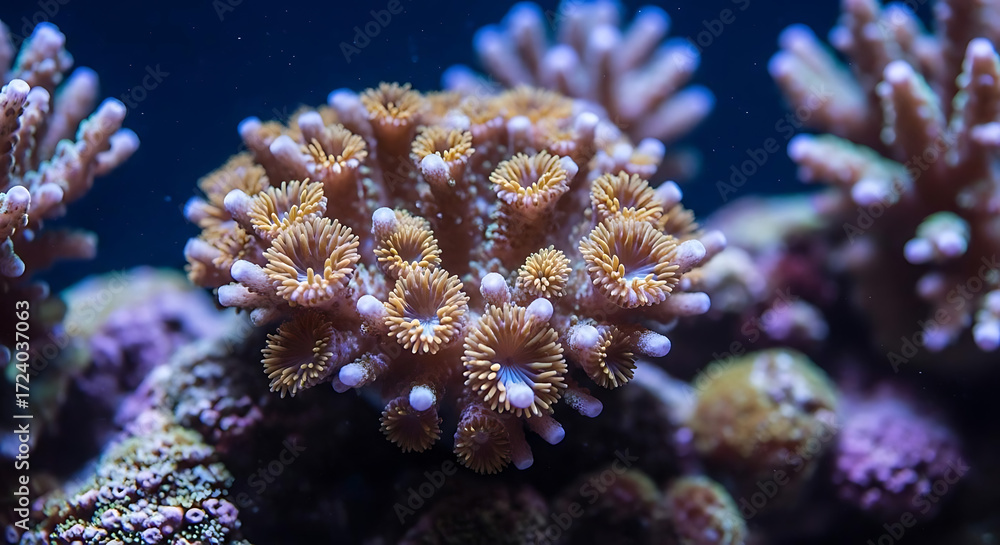 Fototapeta premium Close up of a coral reef with brown and purple hues in an underwater environment showing detail ai generated