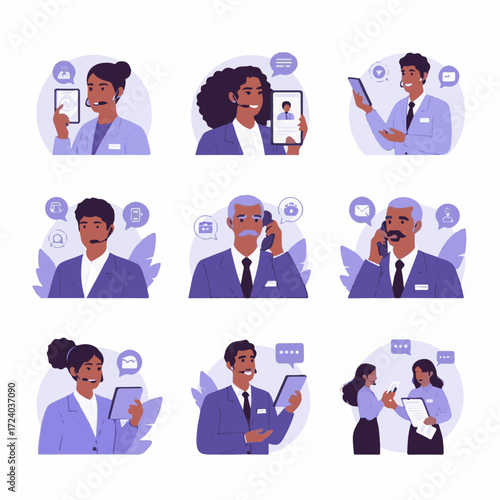 Call center collection with characters using AI-powered tools for communication. Helpdesk, hotline, and customer support service concept. Vector illustration.