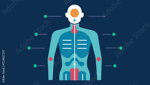 Anatomical Data Visualization An illustrated body with transparent sections revealing accompanied by digital data tags that show their current health status.