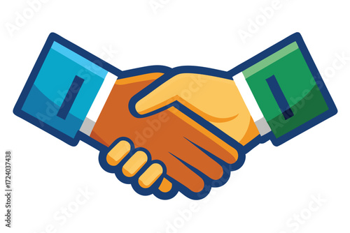 A bright, friendly illustration shows two stylized hands doing a colorful handshake