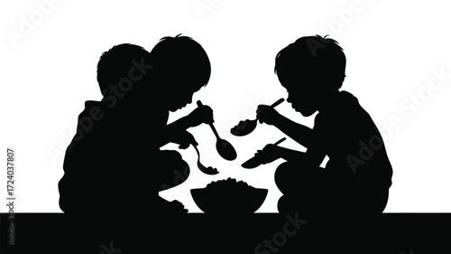 Silhouette of children sharing a meal together, fostering connection and togetherness, childhood innocence and shared joy during simple family moments