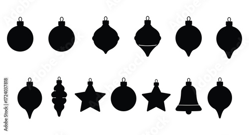 Various black christmas ornaments in a row distinct silhouette