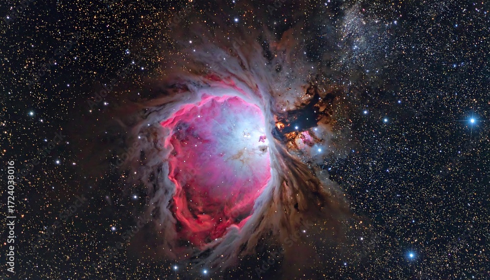 Obraz premium A stunning cosmic vista reveals a vibrant nebula. Swirling gases and dust in hues of pink, red, and blue dominate the dark expanse