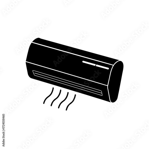 Black air conditioner emitting air on transparent background silhouette