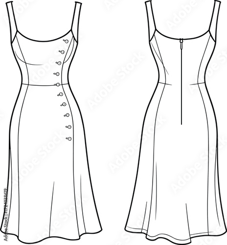 Fashion illustration sleeveless dress, scoop neckline, wide straps, diagonal button detail, A-line silhouette, zipper back, elegant garment design, technical drawing