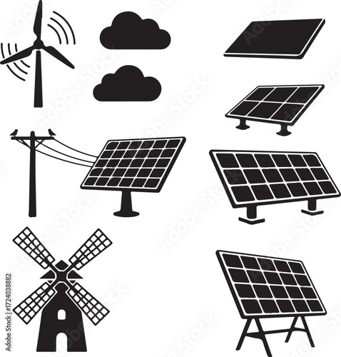 Renewable energy sources wind turbine and solar panel black silhouette icon
