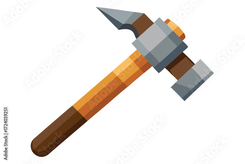A farrier hammer showcases a geometric metal head and a brown wooden handle