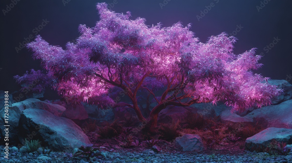 Fototapeta premium glowing magical pinkish purple weed or pot tree in wonderland 