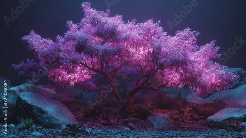 glowing magical pinkish purple weed or pot tree in wonderland 