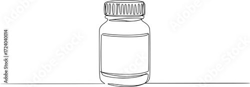 Continuous one line drawing of drug bottle, pill bottle. One line drawing illustration of supplements jar, Jar bottle icon line continuous drawing vector. One line jar icon vector background. 