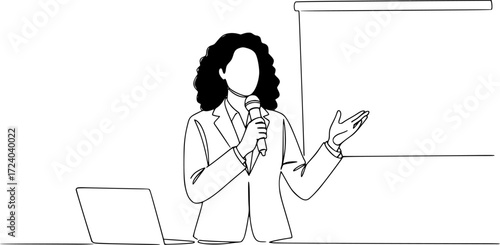 Single one line drawing of Business presentation woman trainer talking microphone vector illustration. Editable outline