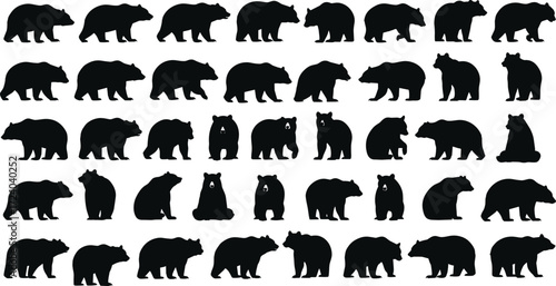 Bear silhouettes, animal poses, black figures, wildlife icons, diverse bear shapes, nature illustration, white background, grid layout, zoology reference, collection
