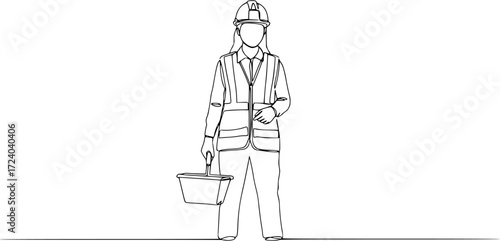 Continuous one line art drawing of female civil engineer vector illustration, Female construction worker. Continuous line style. Hand drawn. One line. Vector design. illustration. 
