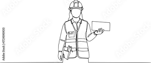 Continuous one line art drawing of female civil engineer vector illustration, Female construction worker. Continuous line style. Hand drawn. One line. Vector design. illustration. 