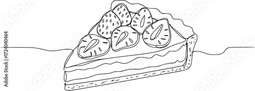 Slice of tart cake with strawberries in one line drawing. Simple design for food concepts, Sweet pastry concept. Modern one line draw design vector graphic illustration for cake shop