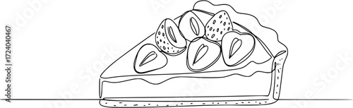 Slice of tart cake with strawberries in one line drawing. Simple design for food concepts, Sweet pastry concept. Modern one line draw design vector graphic illustration for cake shop