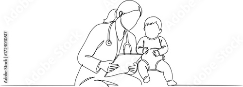Mom with her young kid in continuous line art drawing style, Single continuous line drawing of young female pediatric doctor invited cute baby toddler patient to play and follow her instruction