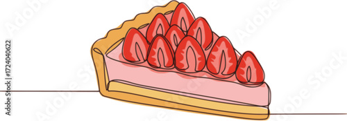 Slice of tart cake with strawberries in one line drawing. Simple design for food concepts, Sweet pastry concept. Modern one line draw design vector graphic illustration for cake shop