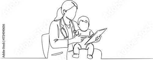 Mom with her young kid in continuous line art drawing style, Single continuous line drawing of young female pediatric doctor invited cute baby toddler patient to play and follow her instruction