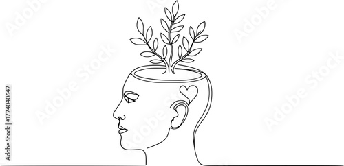 Transparent PNG available
One continuous line drawing of human head with plant inside. Mental health and psychology vector concept. Mental health concept. Self care symbol. Vector illustration. 