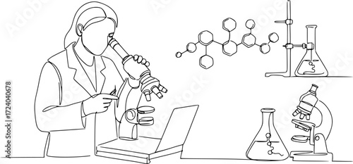Continuous one line drawing of female scientist researching antibiotic formula using microscope, Single line art illustration of scientist and laboratory equipment Set. Editable vector.