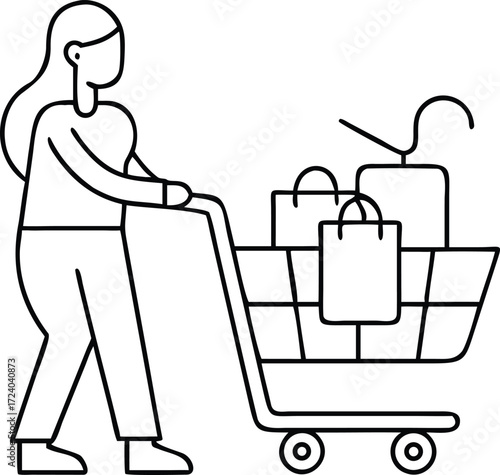 Woman pushing shopping cart full of grocery bags after a shopping spree