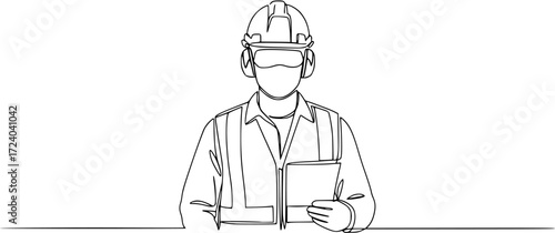 Single continuous line drawing of young construction worker, Engineers man in hard hat, worker with protective headphones on white background continuous one line drawing. 
