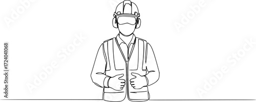 Single continuous line drawing of young construction worker, Engineers man in hard hat, worker with protective headphones on white background continuous one line drawing. 