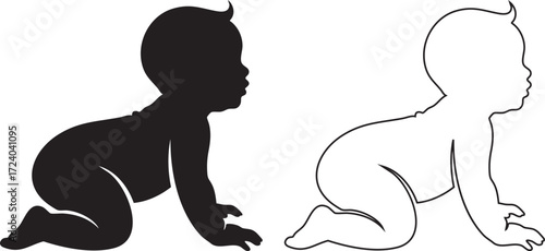 Baby crawling silhouette vector illustration black and white design graphic