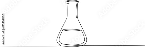 One continuous line drawing of Erlenmeyer flask. Single line of Erlenmeyer flask vector illustration, Test flask one continuous line illustration. Hand drawn doodle sketch of medical.