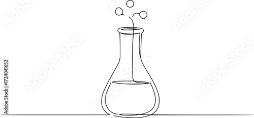 One continuous line drawing of Erlenmeyer flask. Single line of Erlenmeyer flask vector illustration, Test flask one continuous line illustration. Hand drawn doodle sketch of medical.