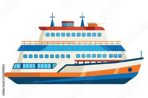 A colorful three level ferry with a red and blue top is visible