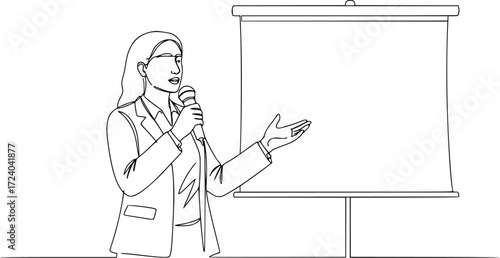 Single one line drawing of Business presentation woman trainer talking microphone vector illustration. Editable outline