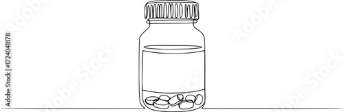 Continuous one line drawing of drug bottle, pill bottle. One line drawing illustration of supplements jar, Jar bottle icon line continuous drawing vector. One line jar icon vector background. 
