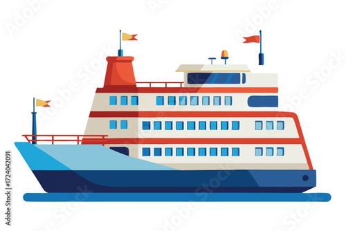 Isolated ferry boat shows blue windows and red stripes on its three decks