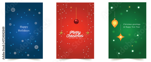 Three vertical banners in blue, red, and green, featuring snowflakes, festive lights, and holiday greetings for Christmas and New Year.
