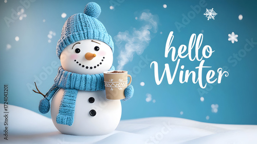 Charming winter cartoon with smiling snowman holding hot drink for seasonal greetings