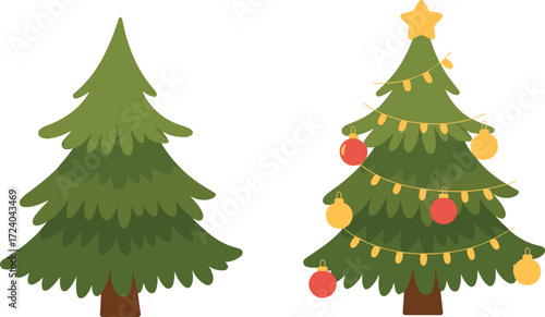 Christmas tree illustration, plain and decorated festive tree comparison with ornaments star lights green layout, holiday vector clipart artwork design