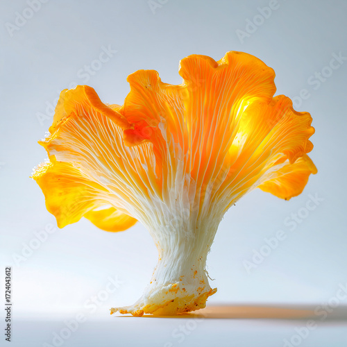 Bright chanterelle mushroom fan with radiant orange-yellow tones and white stem, backlit to highlight delicate gills in a clean studio shot.