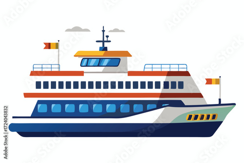 A large blue and white cruise ship sails the ocean with two flags waving