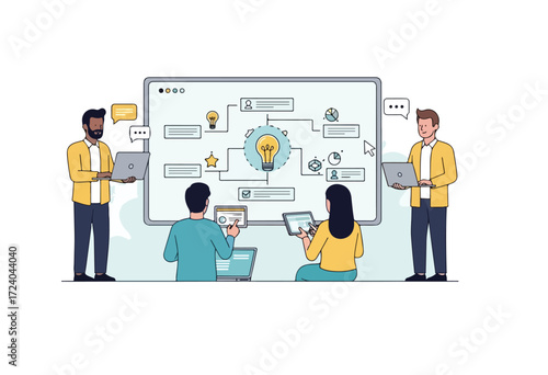 Four people collaborate around a whiteboard displaying a lightbulb idea and connected diagrams, using laptops and tablets in a team brainstorming session.